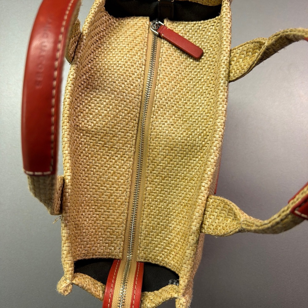 Marc Jacobs The Tote Bag Floral Embroidered Raffia Straw Small Tote Tan Red - Picture 9 of 10